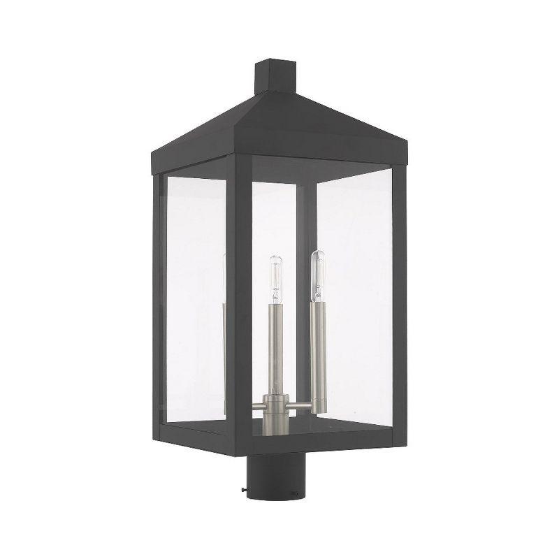 Scandinavian Gray Brass 3-Light Outdoor Post Lantern with Clear Glass