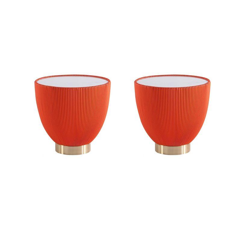 Manhattan Comfort Set of 2 Anderson Leatherette End Tables with Faux Marble Tabletop Orange: Modern Round Side Tables