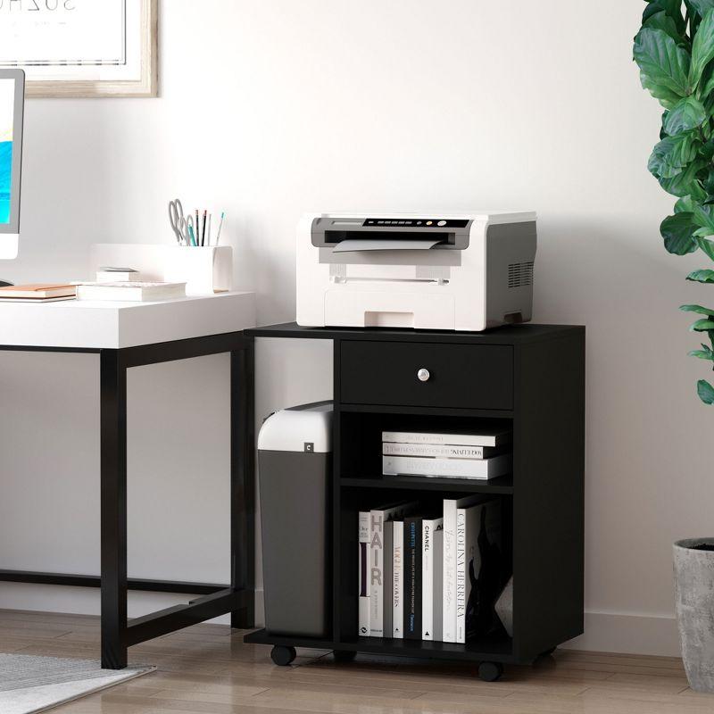 Black Mobile Printer Stand with Drawer and Adjustable Shelf