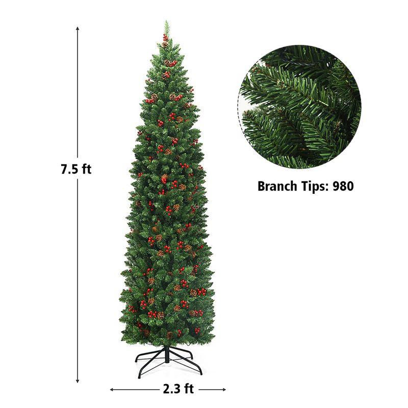 Costway 7.5Ft Pre-lit Hinged Pencil Christmas Tree w/Pine Cones Red Berries & 350 Lights