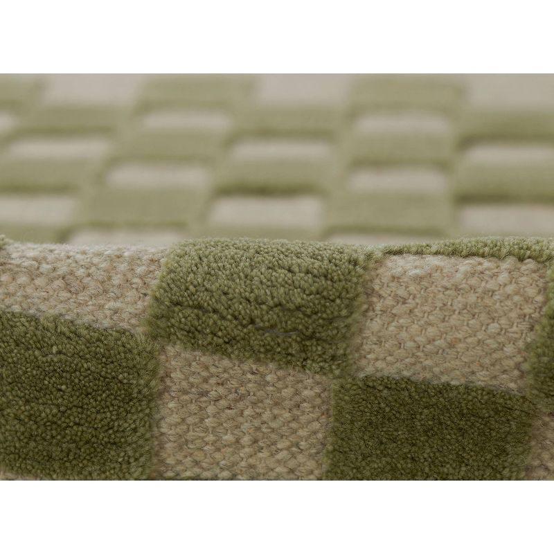 Handwoven Green and Beige Wool Checkered Rectangular Rug