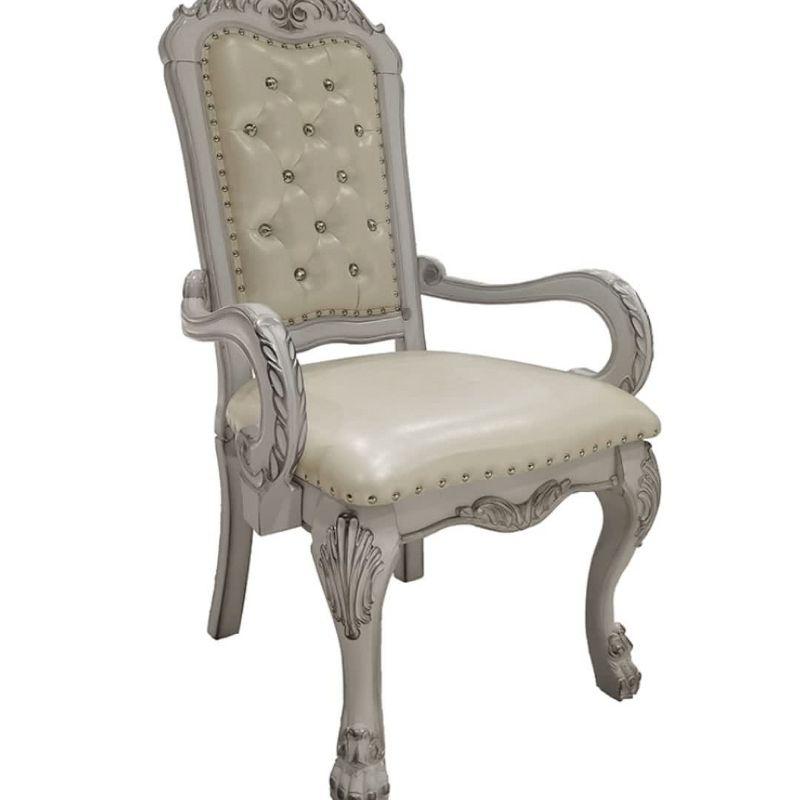 Bone White Faux Leather Tufted Armchair with Wood Frame