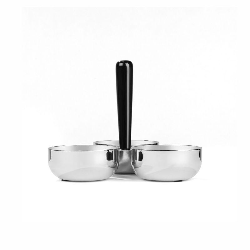 Silver Stainless Steel Divided Nut Bowl with Black Handle