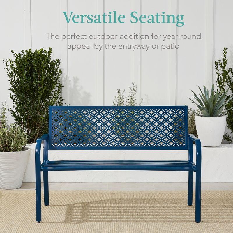 Best Choice Products Indoor Outdoor Steel Garden Bench w/ Geometric Backrest, Foot Levelers - Peacock Blue