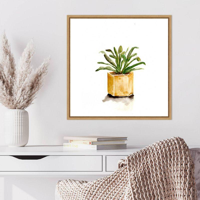 Potted Botanicals II Green Plant in Yellow Pot Canvas Art with Maple Frame