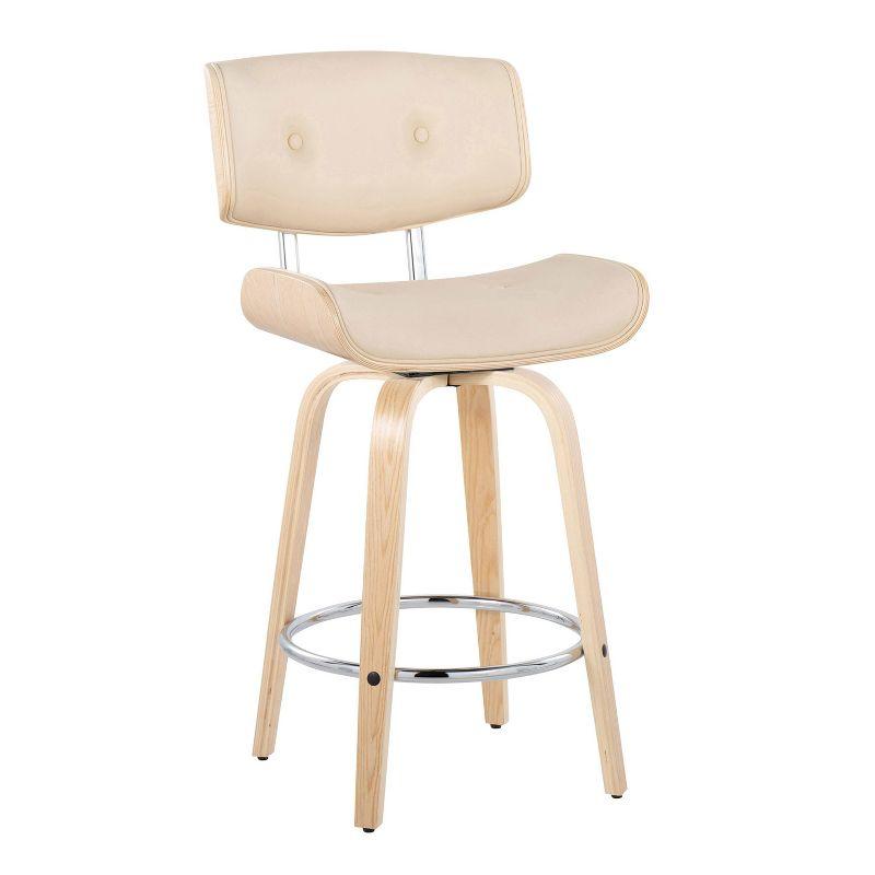 Set of 2 Lombardi Counter Height Barstools Natural/Chrome/Cream: Mid-Century Design, Faux Leather, Wood Frame - LumiSource