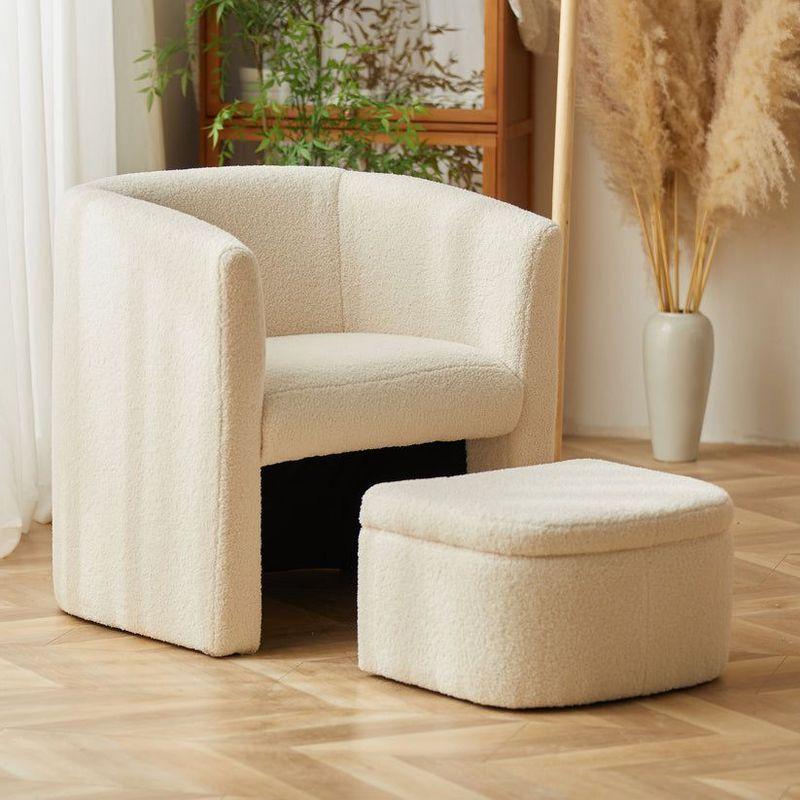 Cream Velvet Barrel Accent Chair with Storage Ottoman