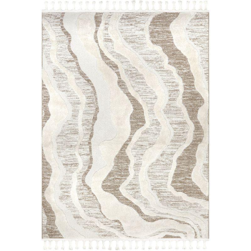 Ivory and Beige Abstract High-Low Tasseled 6'7" x 9' Area Rug