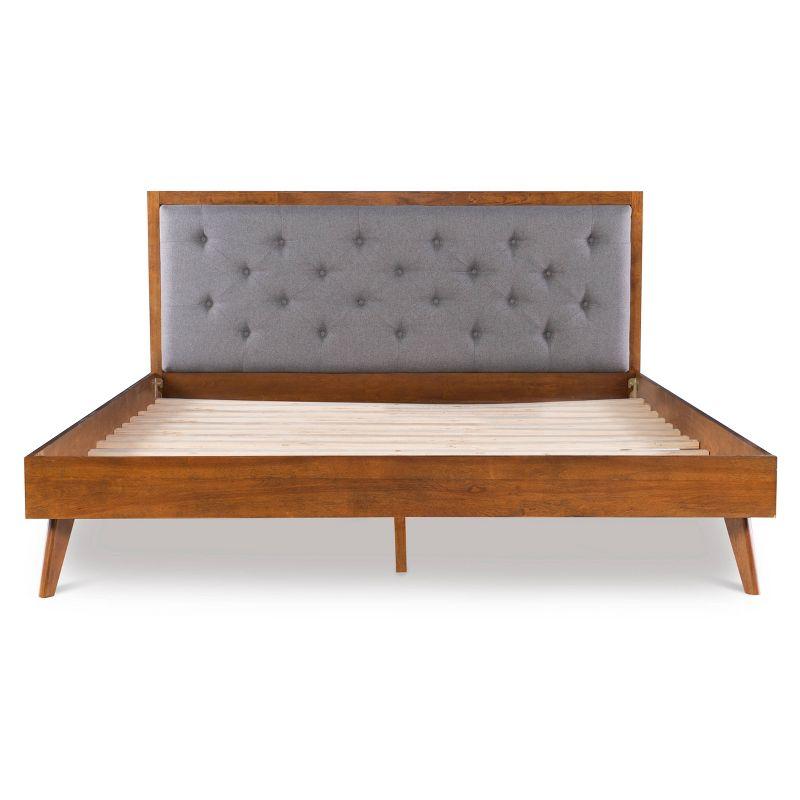 King Reid Mid-Century Platform Bed in Walnut Finish with Tufted Headboard in Gray Fabric - Linon: Upholstered Polyester, No Box Spring Needed