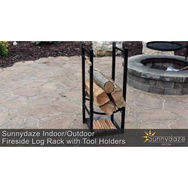 Sunnydaze Indoor/Outdoor Steel Fire Pit or Fireplace Firewood Log Rack Holder with Hooks - 32"