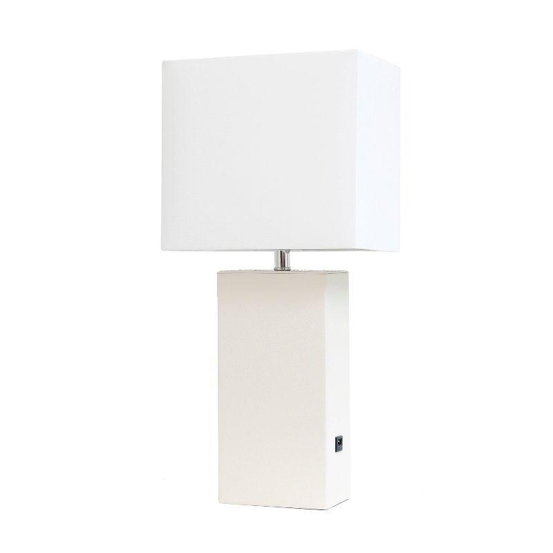 Lalia Home 21" Lexington Leather Base Modern Home Decor Bedside Table Lamp with USB Charging Port White : Fabric Shade