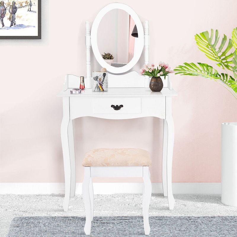 Tangkula Bathroom Vanity Wood Makeup Dressing Table Stool Set Jewelry Desk W/Drawer &Mirror White