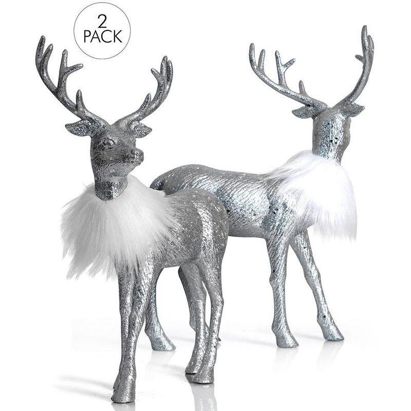 Ornativity Glitter Christmas Reindeer Figurines-  Silver - Pack of 2