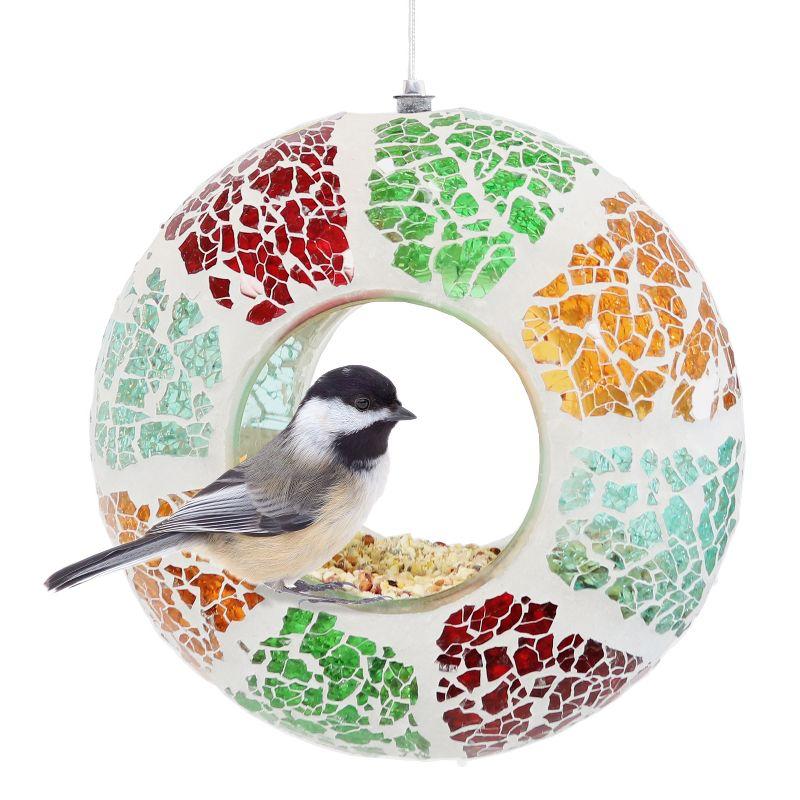 Sunnydaze Outdoor Garden Patio Round Glass with Summery Mosaic Design Hanging Fly-Through Bird Feeder - 6" - Red, Orange, Green, and Light Blue