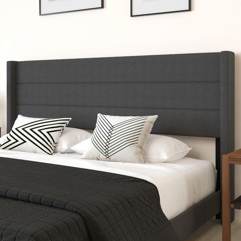 Merrick Lane Modern King Platform Bed with Padded Channel Stitched Charcoal Faux Linen Upholstered Wingback Headboard and 6" Underbed Clearance