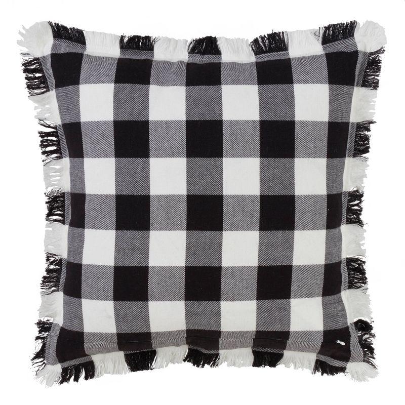 20"x20" Oversize Fringed Buffalo Plaid Down Filled Square Throw Pillow Black - Saro Lifestyle: Cotton, Duck Feather, Zipper Closure