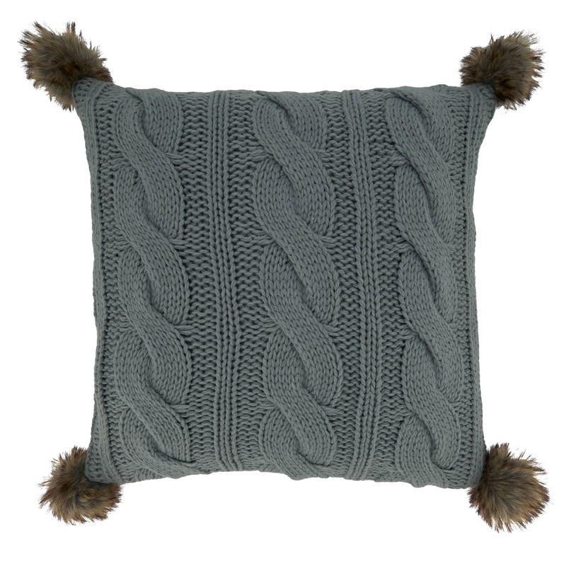 Gray Cable Knit Square Throw Pillow with Pom-Poms