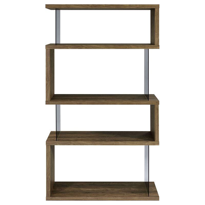 63" Emelle 4 Shelf Zig Zag Bookcase with Glass Panels Walnut - Coaster: Modern Laminated Storage Display