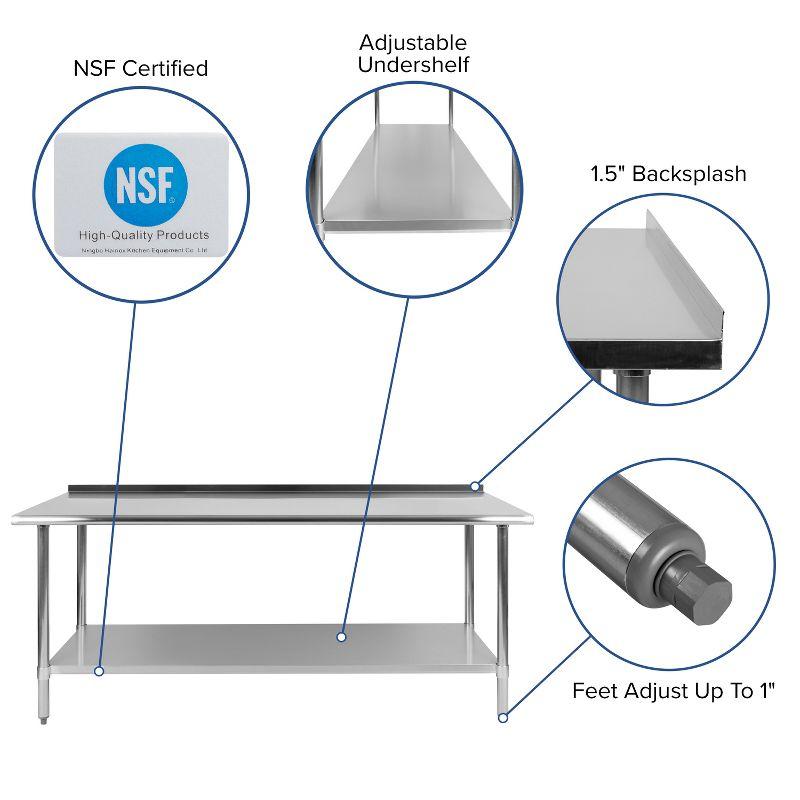 Woodford Stainless Steel 18 Gauge Work Table with 1.5" Backsplash and Shelf, NSF Certified