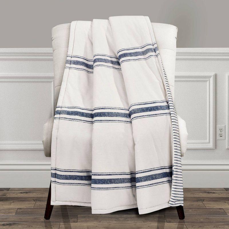 50"x60" Farmhouse Striped Throw Blanket Navy - Lush Décor: Reversible, Cotton, Cozy