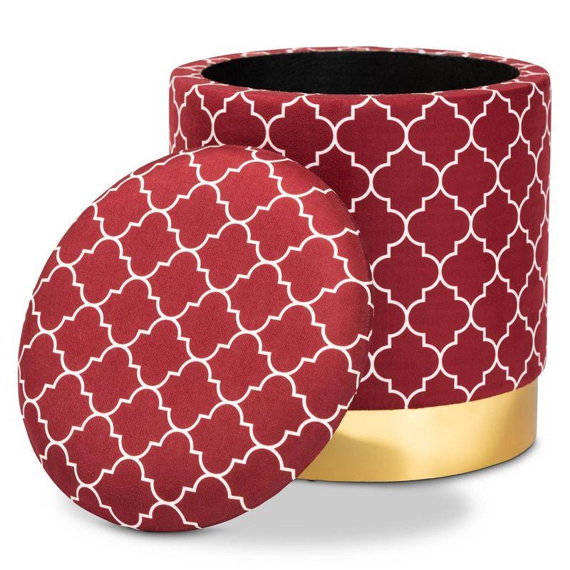 Serra Glam Red Velvet Quatrefoil Gold Metal Storage Ottoman