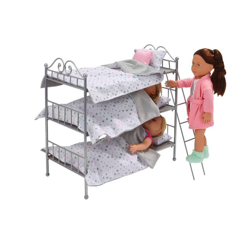 Badger Basket Scrollwork Triple Doll Bunk Bed with Ladder and Bedding