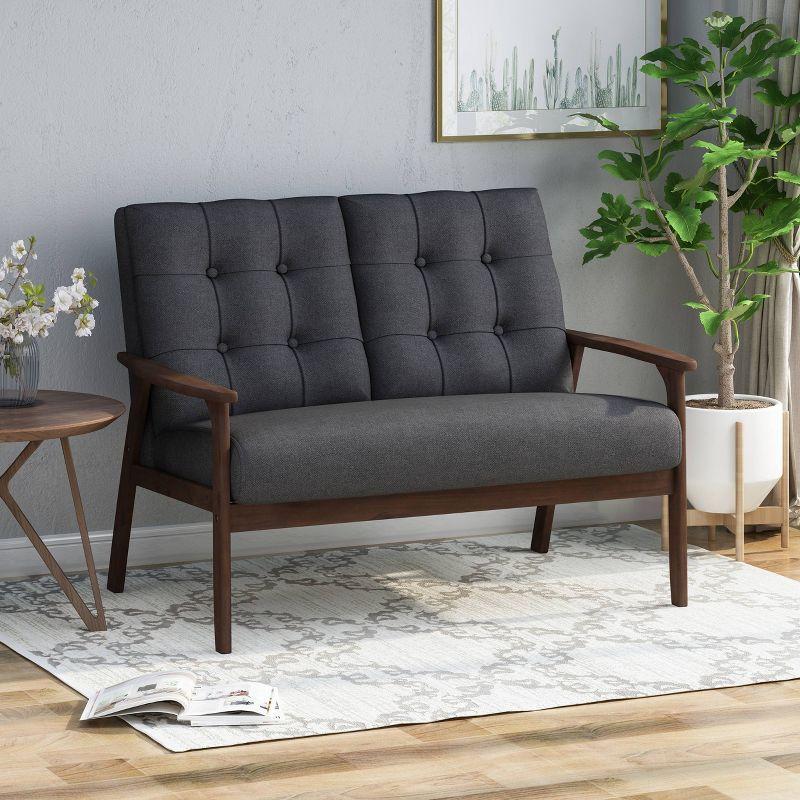 Mid-Century Black Tufted Fabric Loveseat with Walnut Wood Frame