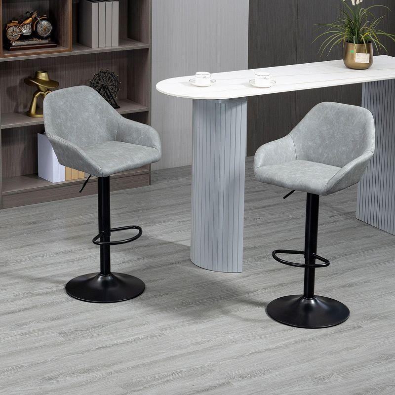 HOMCOM Adjustable Bar Stools Set of 2, Swivel Barstools with Footrest and Back, PU Leather and Steel Round Base, for Kitchen Counter, gray