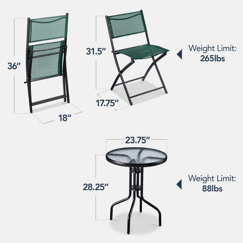 Best Choice Products 3-Piece Patio Bistro Dining Furniture Set w/ Glass Tabletop, Folding Chairs - Dark Green