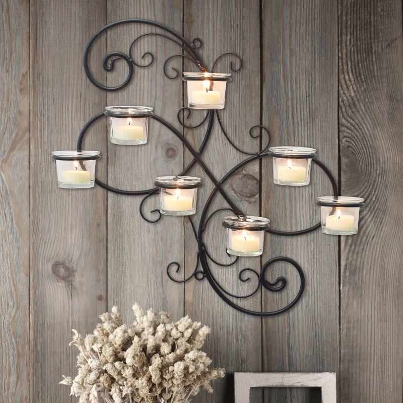 Modern Decorative Ivy Tea Light Candle Holder - Stonebriar Collection: Elegant Wall Sconce, 7 Glass Hurricanes