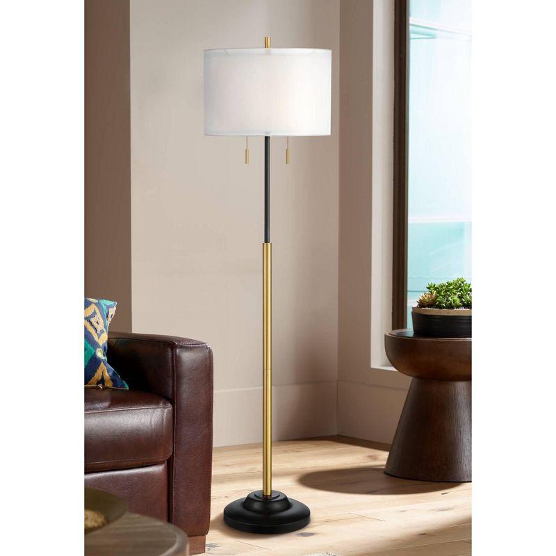 Possini Euro Design Roxie Modern Floor Lamp Standing 65 1/2" Tall Brass Black Metal Sheer Linen Double Drum Shade for Living Room Bedroom Office House