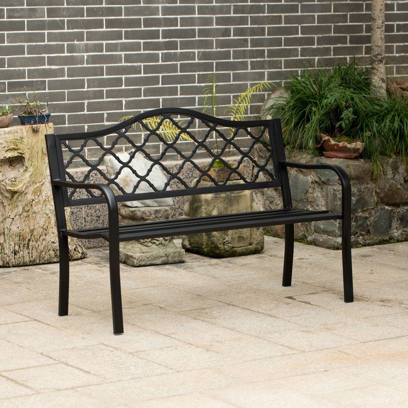 Gardenised Outdoor Garden Patio Steel Park Bench Lawn Decor with Cast Iron Back, Black Seating bench for Yard, Patio, Garden and Deck