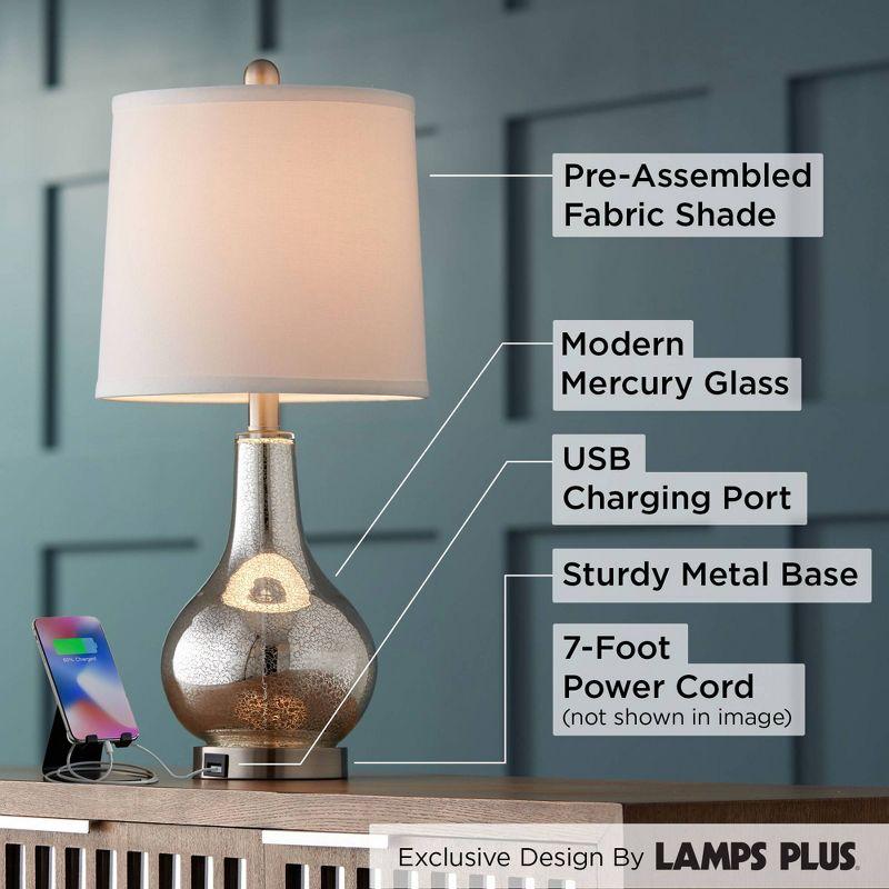 360 Lighting Ledger Modern Accent Table Lamps 21 3/4" High Set of 2 Mercury Glass with USB Charging Port Off-White Drum Shade for Family Office Desk