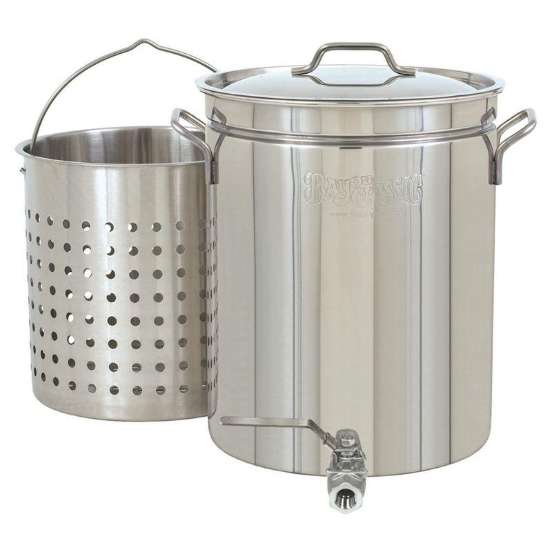 Bayou Classic 1140 40-qt Stainless Stockpot w/ Elevated Steam Basket and Spigot Features Stainless Ball Valve Spigot