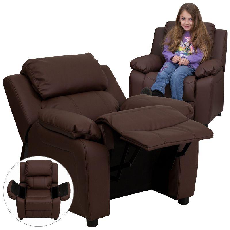 Emma and Oliver Deluxe Padded Brown LeatherSoft Kids Recliner with Storage Arms