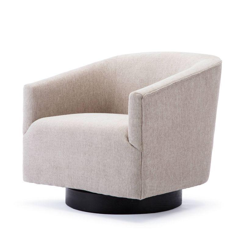 Donovan Oatmeal Fabric and Black Wood Swivel Barrel Chair