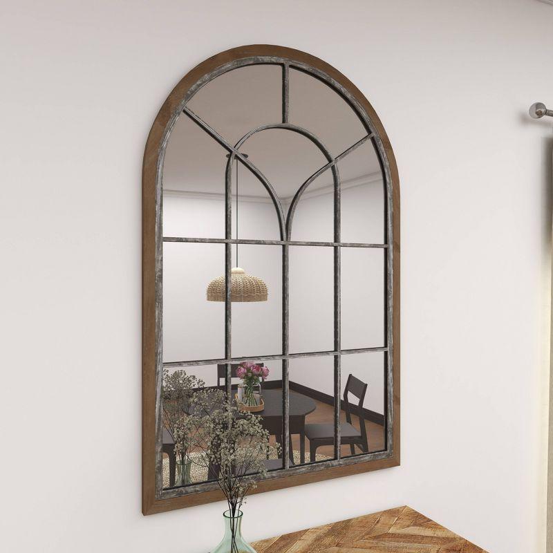 Glass Window Pane Inspired Wood Wall Mirror with Arched Top Brown - Olivia & May: Distressed Whitewash Finish, No Assembly Required