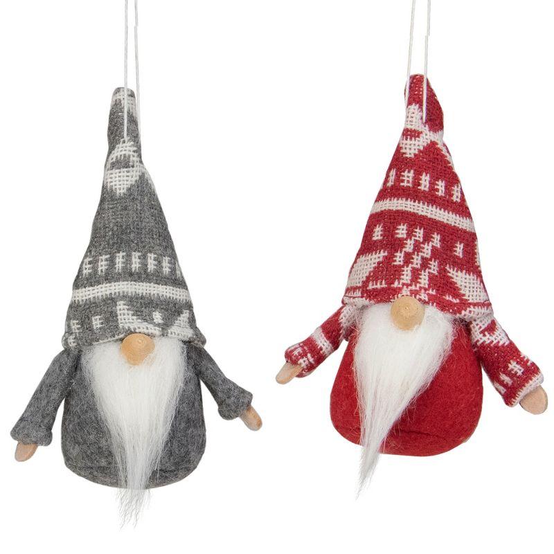 Set of 2 Gray and Red Santa Gnome Hanging Ornaments