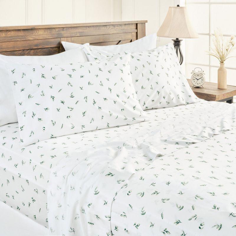 Elegant Cotton 100% Organic Cotton Printed Sheet Set - 4-Piece Set - Green Leaves, King Size