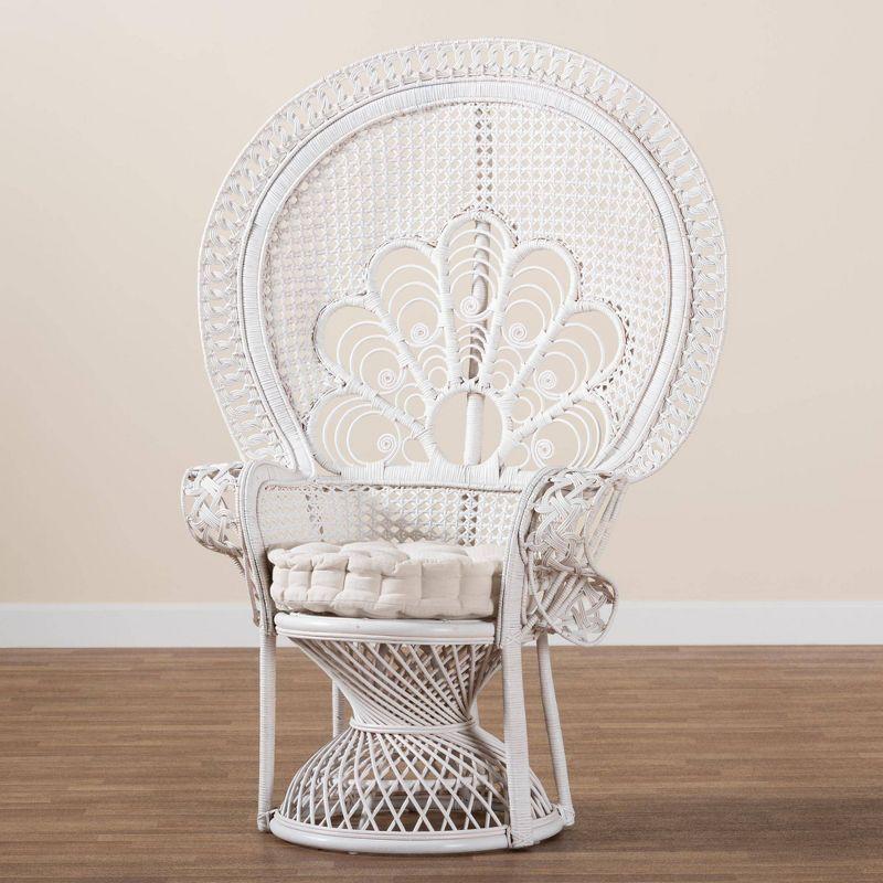 bali & pari Ediva Natural Rattan Peacock Accent Chair White: Upholstered Polyester, No Assembly Required