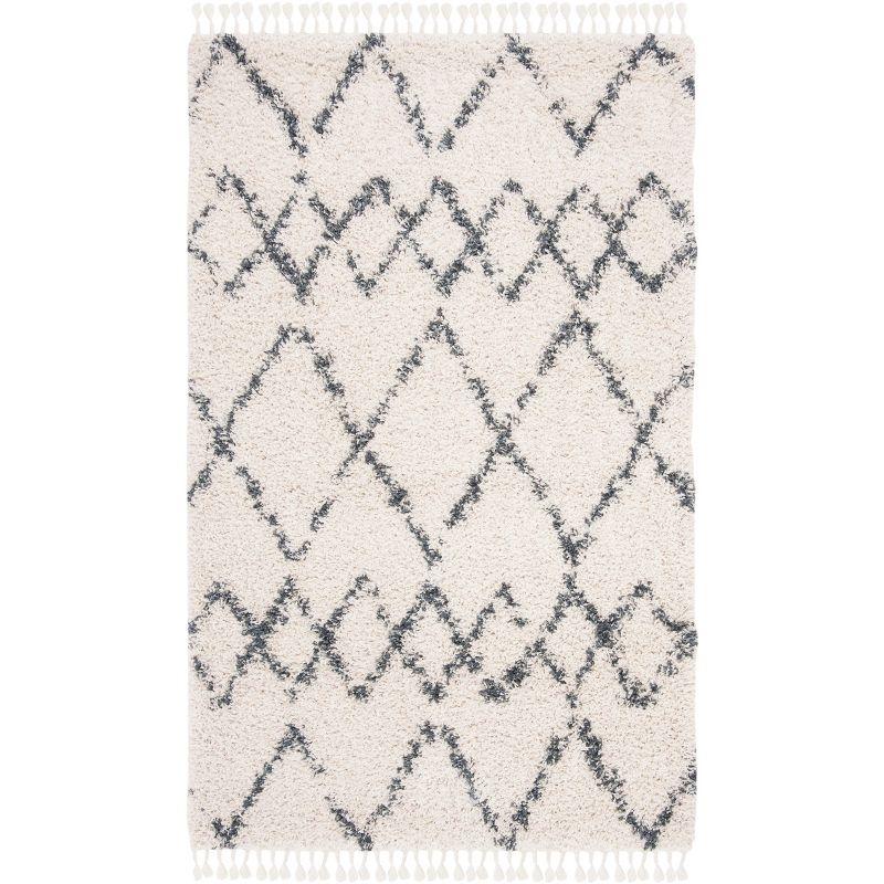 Cream and Blue Geometric Shag Area Rug 5' x 8'