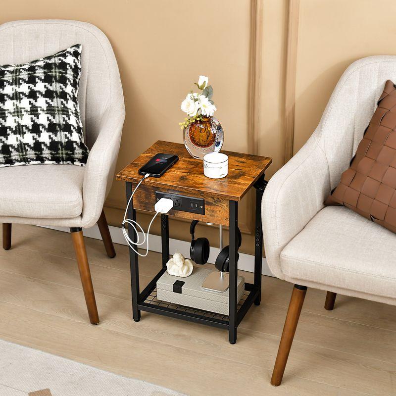 Costway Set of 2 End Tables with Charging Station Industrial Bed Side Table with AC Outlets & USB Port Rustic Brown