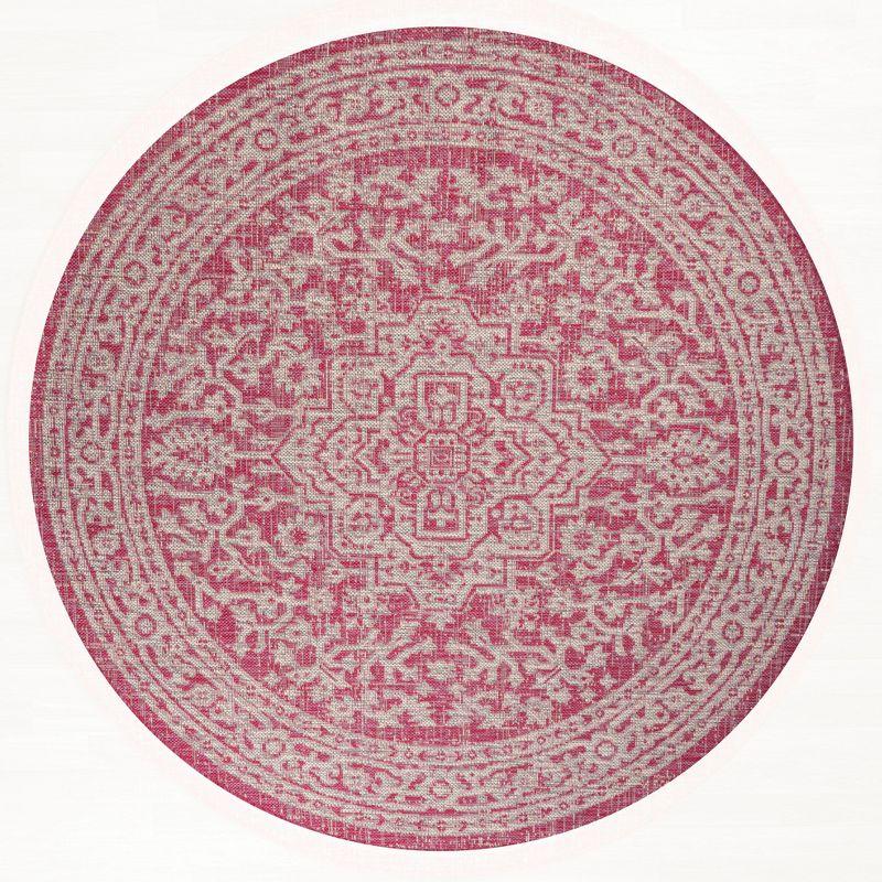 5' Round Sinjuri Medallion Textured Weave Indoor/Outdoor Area Rug, Fuchsia/Light Gray - JONATHAN Y