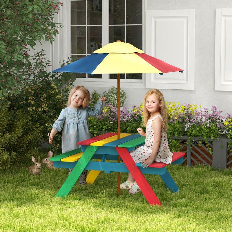 Outsunny Kids Picnic Table Set with Parasol, Wooden Outdoor Bench Set with Seating for 2 Children 3-6 Years Old, for Patio, Backyard, Indoor Use