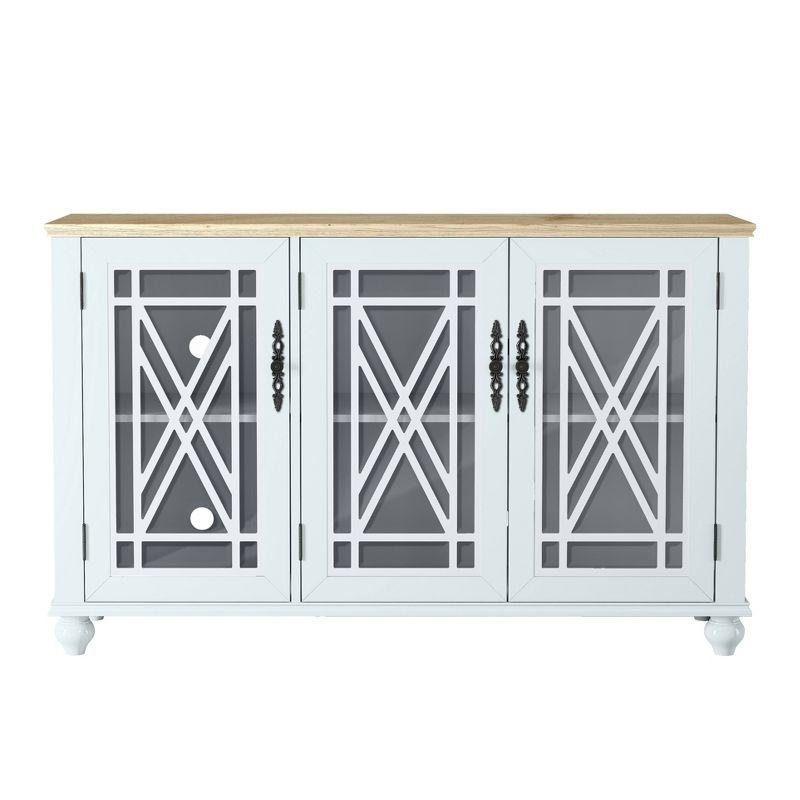 Grayish-White Vintage Wood and Glass Sideboard Cabinet