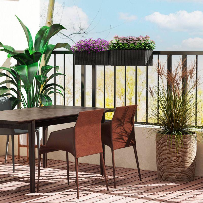 Outsunny Railing Planter Box (2 Pack, 20 Inch), Hanging Flower Pots with Hooks, Drainage Holes for Fence, Balcony, Garden, Patio, Rattan Look, Black