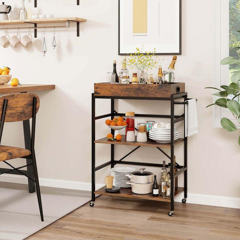 Costway 3-Tier Bar Cart with Detachable Tray 4 Lockable Casters & 1 Handy Handle