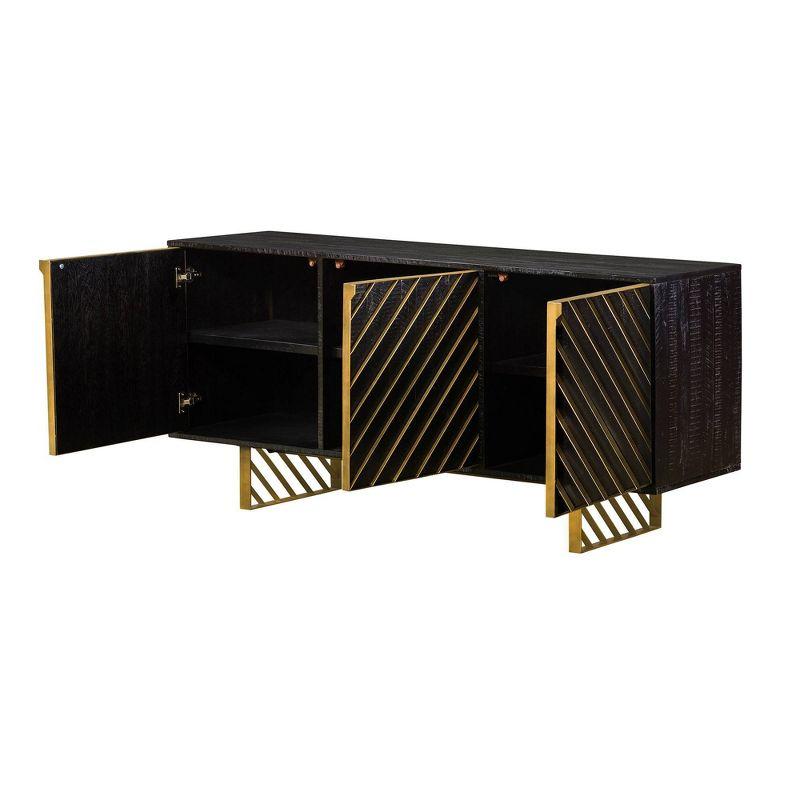 Armen Living Monaco Rectangular Sideboard Black Wood/Antiqued Brass: Mid-Century Buffet Server, 6 Shelves, 3 Doors