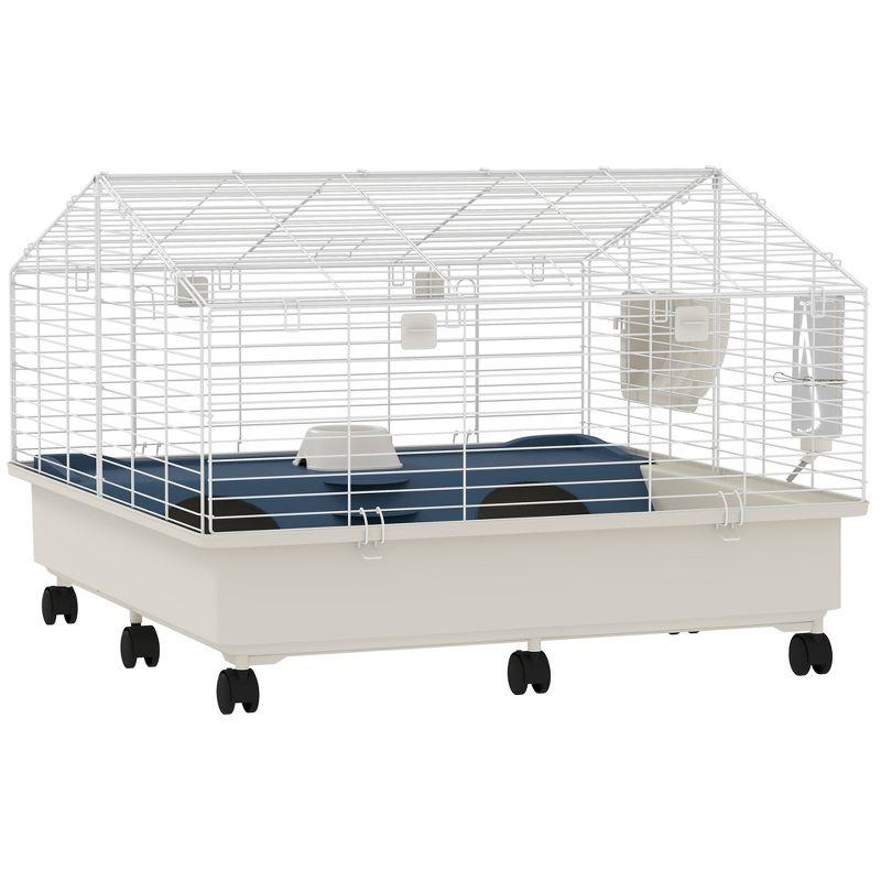 PawHut Small Animal Cage, Rolling Guinea Pig Cage with Water Bottle, Hay Feeder, Food Dish, Ramp, for Rabbits, Hedgehogs, 35" x 35" x 25", White