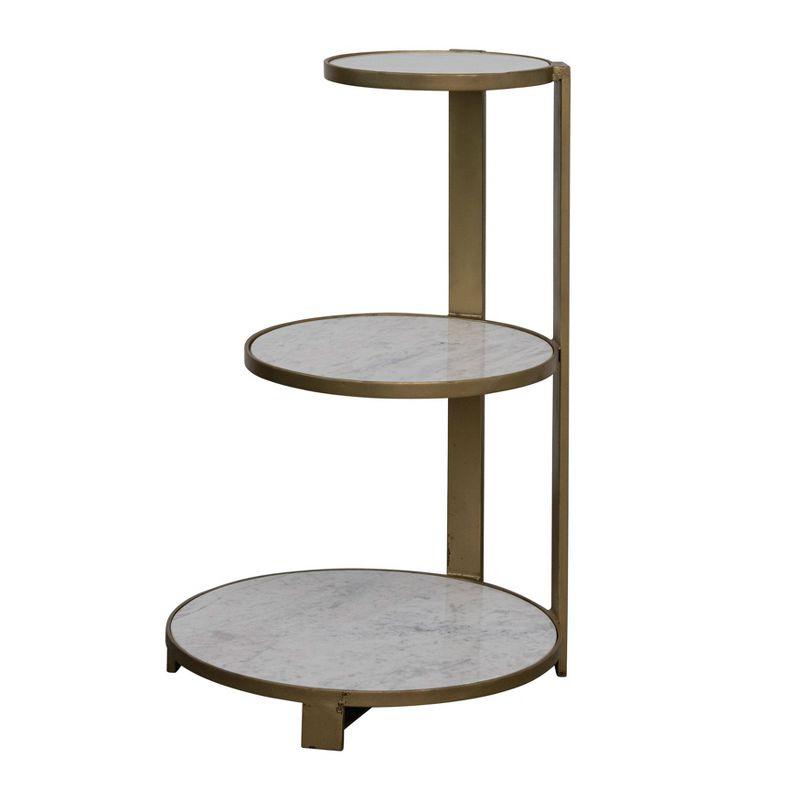 Storied Home Round Three-Tier Table Antique Brass: Elegant Side & Nightstand, Removable Marble Shelves